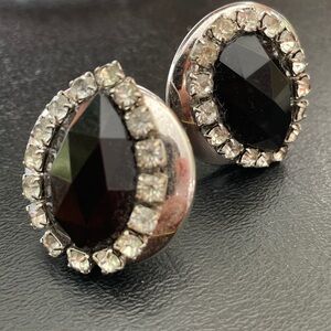 Vtg Elegant Black and Silver Clip on Earrings. Mid century costume jewelry.